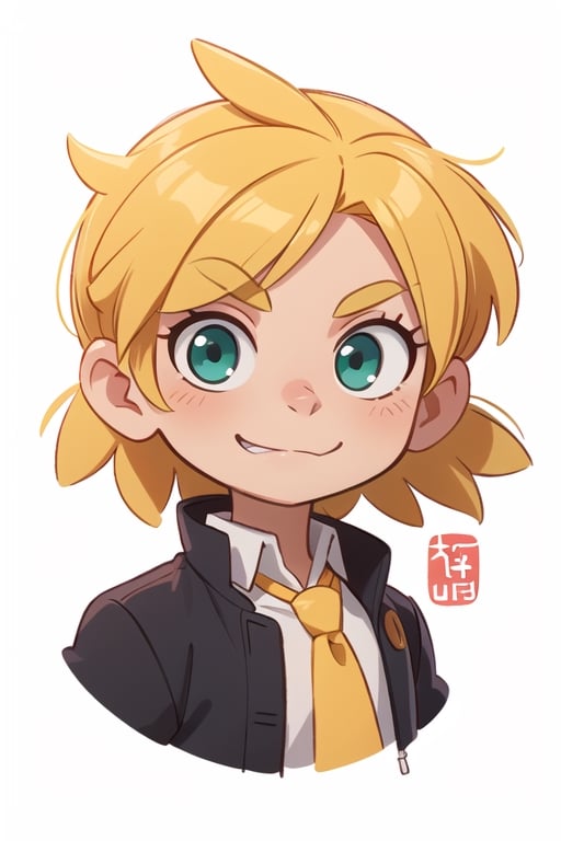 masterpiece, white background, anime style, chibi, illustrated logo, portrait, three-quarter head, medium short shot, emote for twitch of a meliodas 7ds, green eyes , Yellow hair , White shirt, red tie, sword in hand, cheerful,