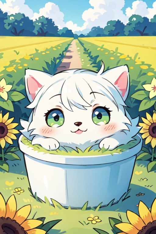 Cute tiny little dog, puffy adorable white fur, adorable cute shiny big ojos verdes, Ultra HD, realistic, best quality, in a mini container, in a flower field