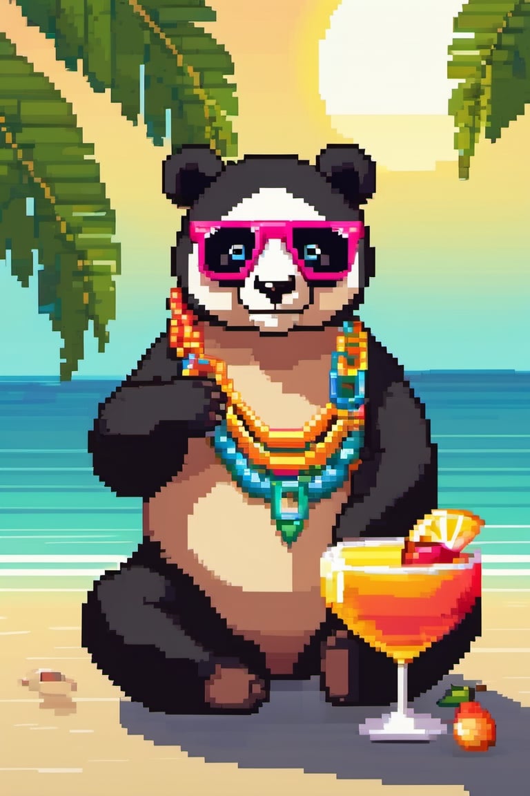 
pixel art,8 bits,1 animal, cool Panda WITH a colorful cocktail and big sunglass and a gold necklace. small muscular body, lying on the beach,background at the beach,sun,weird atmosphere, best quality:1.1, masterpiece:1.2, high quality shadow, beautiful detailed, (high detailed skin, skin details), (wide_landscape, 8k), beautiful face, detailed eyes, depth of field, dramatic light, best quality, highres, best