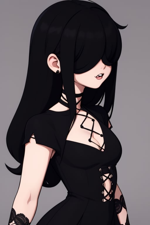 Lucy_loud, goth_girl, cartoon, black_dress, black_hair, Hair over eyes, 