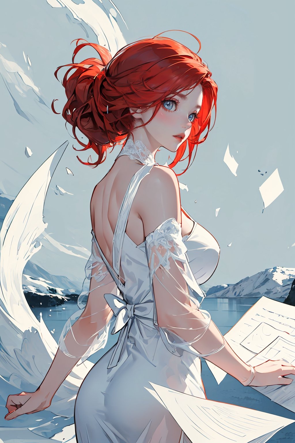 (masterpiece), (artwork), (artwork), (best quality), (best performance), (detailed CG 8k unity wallpaper), (detailed expressive eyes), (soft, simple, cool colors), (white, white, paper skin, cool color palette), (wearing a nice red dress), (long, straight, huge red hair), (scenery detail:0.3), (detailed eyes:0.2), crystalline frozen lake bottom.,midjourney