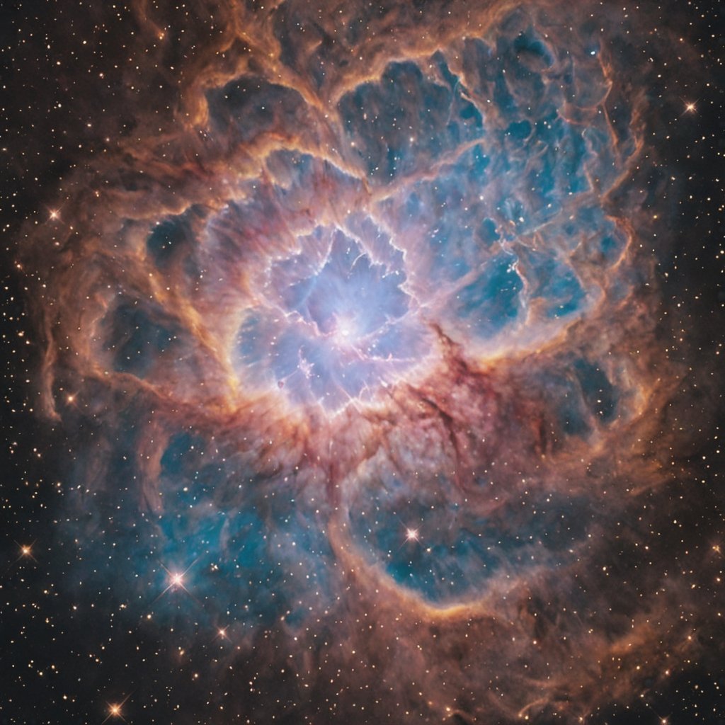 (In the heart of the Sagittarius constellation lies the Lagoon Nebula, a hyperdetailed interstellar cloud. Its striking features include intricate dark lanes, twisted filaments, and ethereal knots, where new stars come to life. The nebula's vibrant colors of rose and azure stand out against the stellar canvas of the Milky Way), 8k octane render, high detail, masterpiece, hyperdetailed, intricate details, 