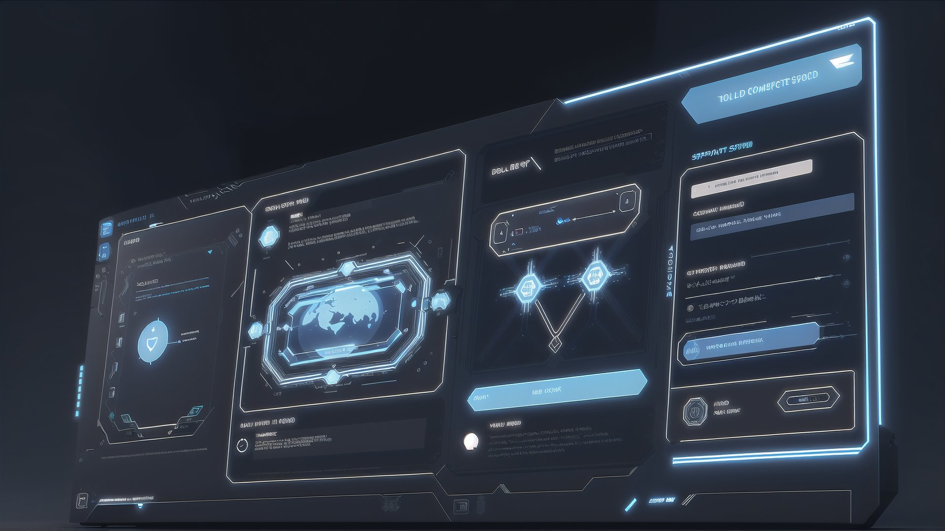 high tech ui, spaceship status panel, holographic interface, commands