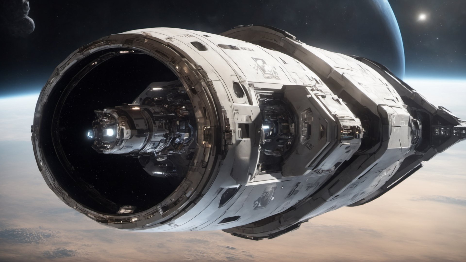  space, high_resolution, high detail, the earth from outer space, realistic, realism, cylindrical space station, gigantic, futuristic, ion_engines, derelict, star citizen, star field, clean details, spacex, cinematic