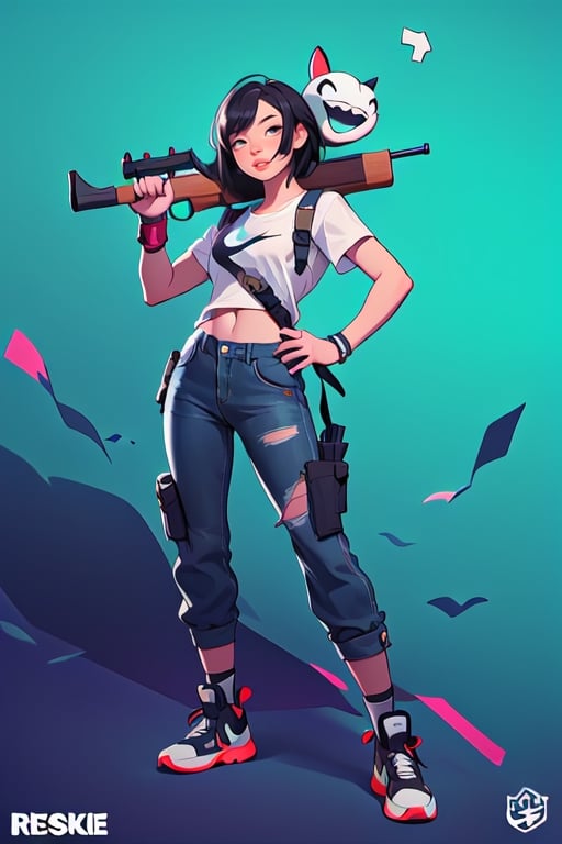 young woman, with a shotgun, in a white t-shirt, fuxia shirt, light blue pants with torn holes, medium black hair, smiling face, young face, nike booties shoes