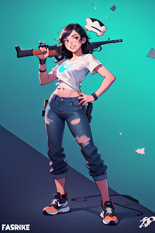 young woman, with a shotgun, in a white t-shirt, fuxia shirt, light blue pants with torn holes, medium black hair, smiling face, young face, nike booties shoes