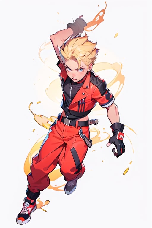 YOUNG MAN OF MEDIUM HEIGHT, BLONDE, MEDIUM HAIR, NOT VERY LONG LEGS, IN A BLACK JACKET, WHITE TROUSERS, RED SNEAKERS, LEATHER GLOVES, BLUE EYES