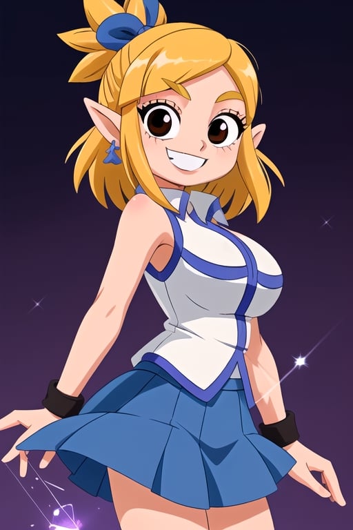 teenage girl with medium hair, black color, brown eyes,  , 2 arms, :) ,smile, blink 1 eye,sexy_race_queen,shizuku_murasaki ,Science Fiction,chibi,frieza,DBSuper Style,princess zelda,Lucy_Heartfilia