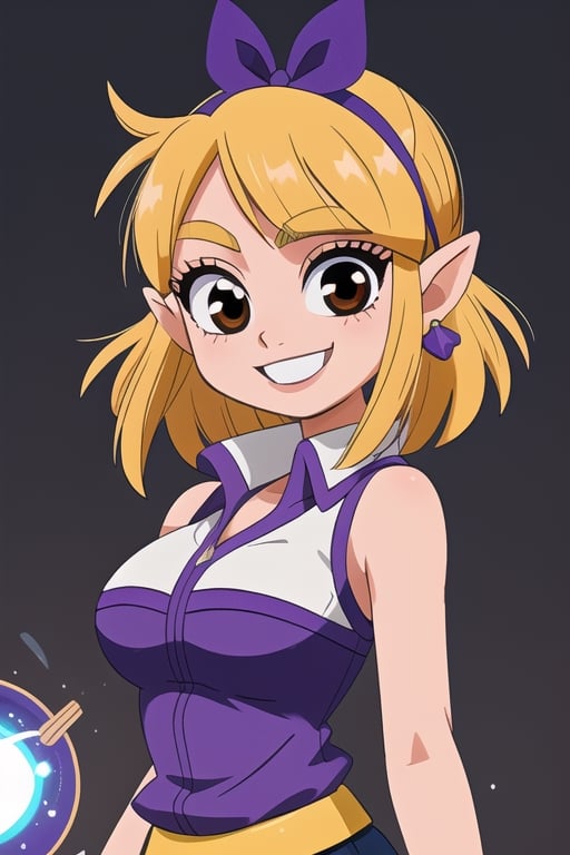 teenage girl with medium hair, black color, brown eyes,  , 2 arms, :) ,smile, blink 1 eye,sexy_race_queen,shizuku_murasaki ,Science Fiction,chibi,frieza,DBSuper Style,princess zelda,Lucy_Heartfilia