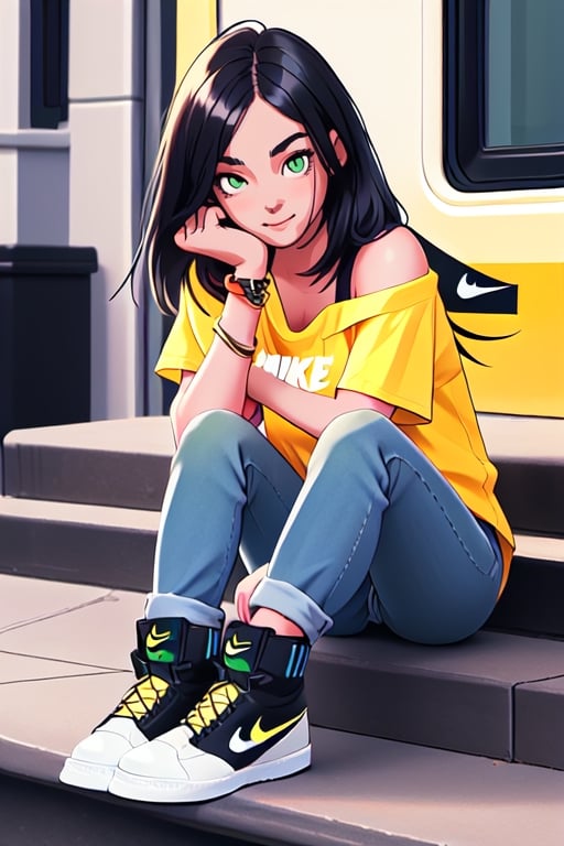 TEENAGE GIRL WITH BLACK HAIR, GREEN EYES, LARGE BUST, YELLOW T-SHIRT WITH BLACK SHOULDERS, BLUE JEANS, BLACK SNEAKERS WITH WHITE AND RED ANKLE BOOTS, BRACELETS ON THE WRISTS young face, nike booties shoes