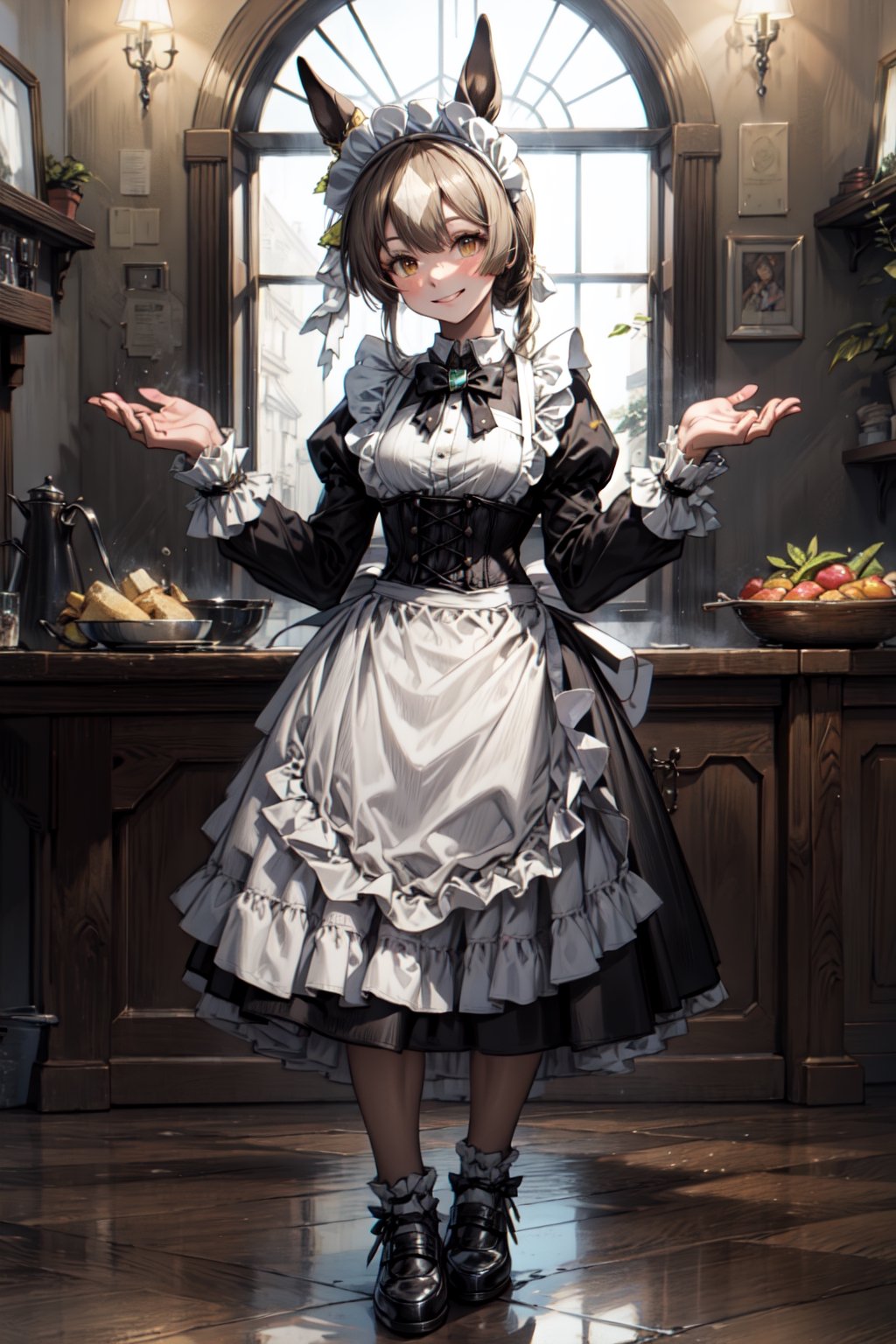 masterpiece, best quality,satono diamond \(umamusume\),kneeling, full body,sleeves past wrists, long sleeves, black footwear, smile, frills, apron, sleeves past fingers, shoes, green bowtie, black dress, standing, maid headdress, closed mouth, puffy sleeves, corset, alternate costume, skirt