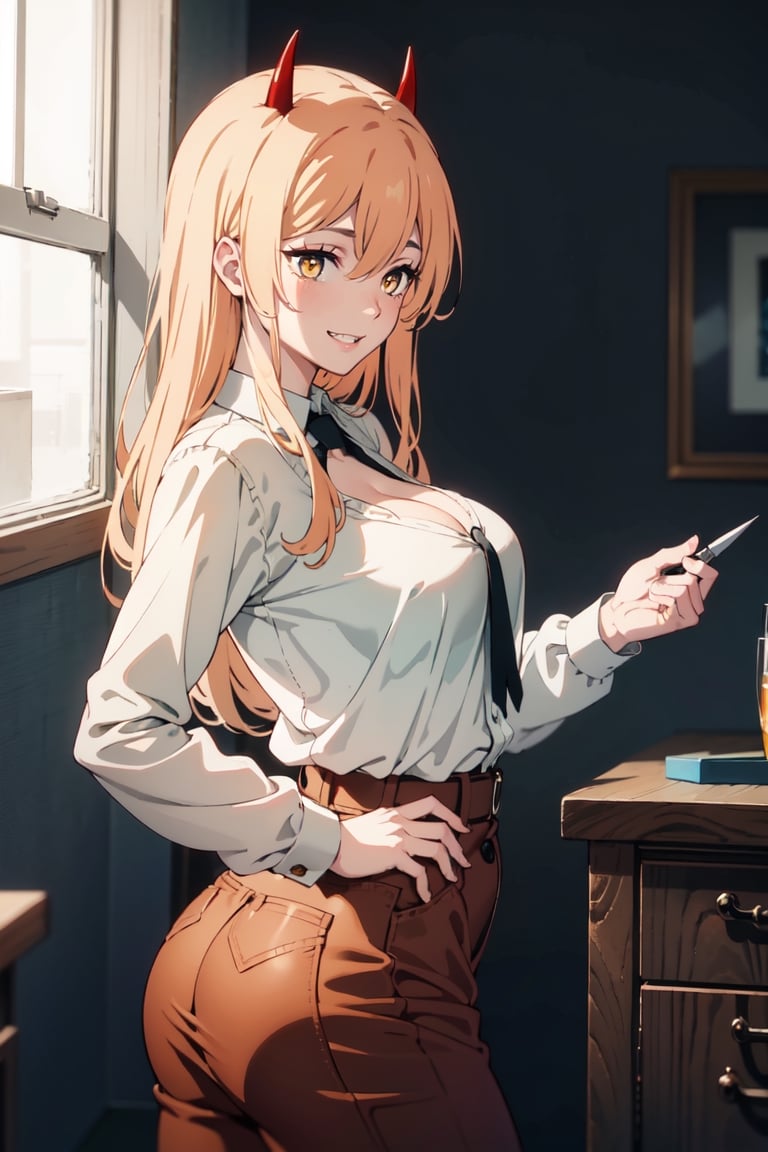 (best quality), (masterpiece), (solo), 1girl, power_csm, blonde hair, yellow eyes, cross-shaped pupils, symbol-shaped pupils, red horns, white shirt, cleavage, blue jacket, black tie, black pants, sharp teeth, smile, huge breasts, big butt, small waist