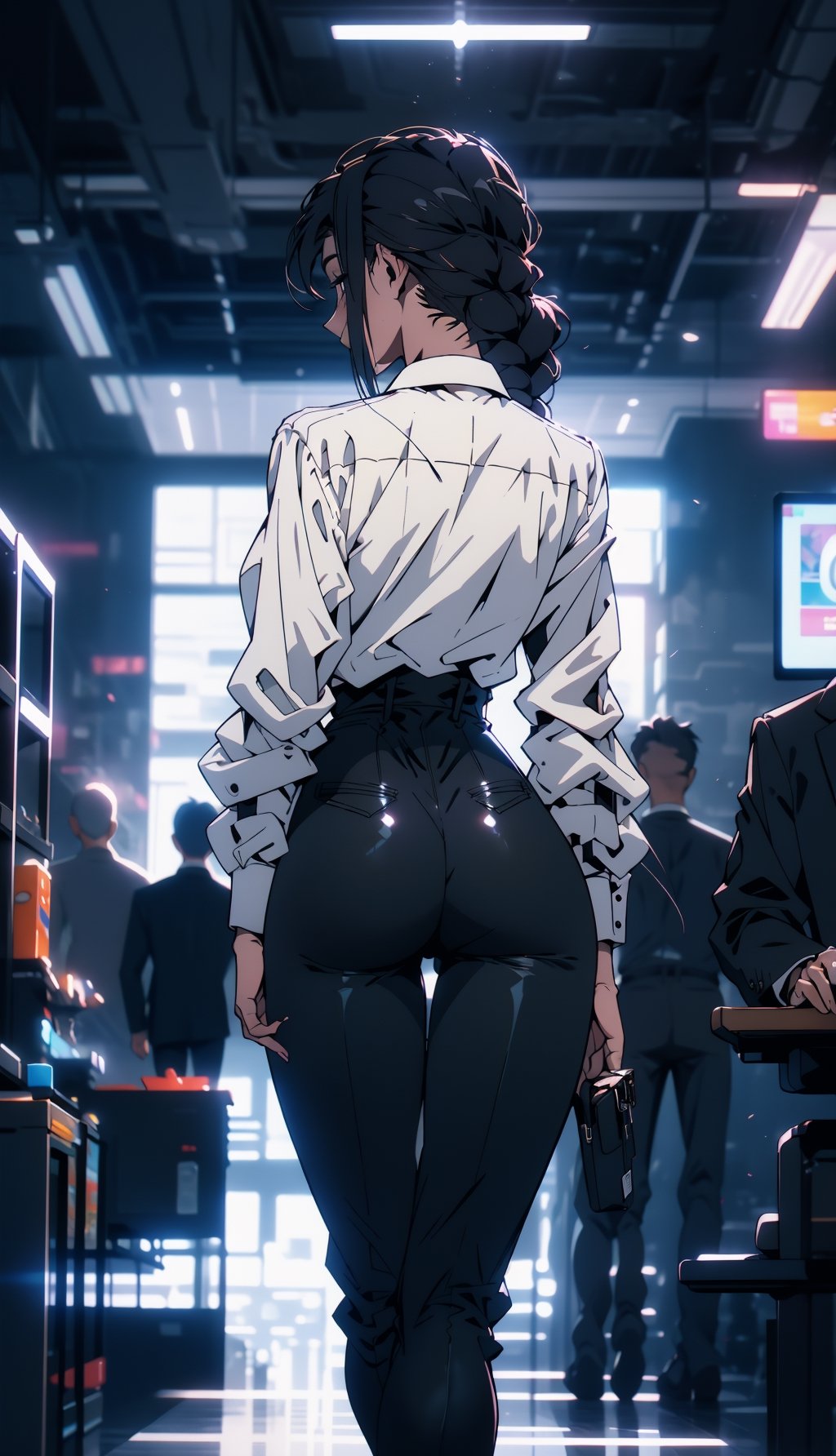 masterpiece, best quality, ultra-detailed, Potrait of beautiful MakimaCSM, solo, shirt, long_sleeves, white_shirt, collared_shirt, pants, from_behind, arms_behind_back, black_pants, formal, suit, arm_behind_back, shirt_tucked_in, facing_away, office_lady, business_suit, high-waist_pants, volumetric lighting, best quality, masterpiece, intricate details, tonemapping, sharp focus, hyper detailed, trending on Artstation, 