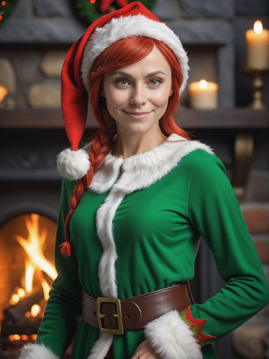 photo r3al, masterpiece, best quality, cartoon, 8k, ultra detailed, santa's elf, solo female, smirking, green santa's elf outfit, fireplace, (((closeup))), portrait, 