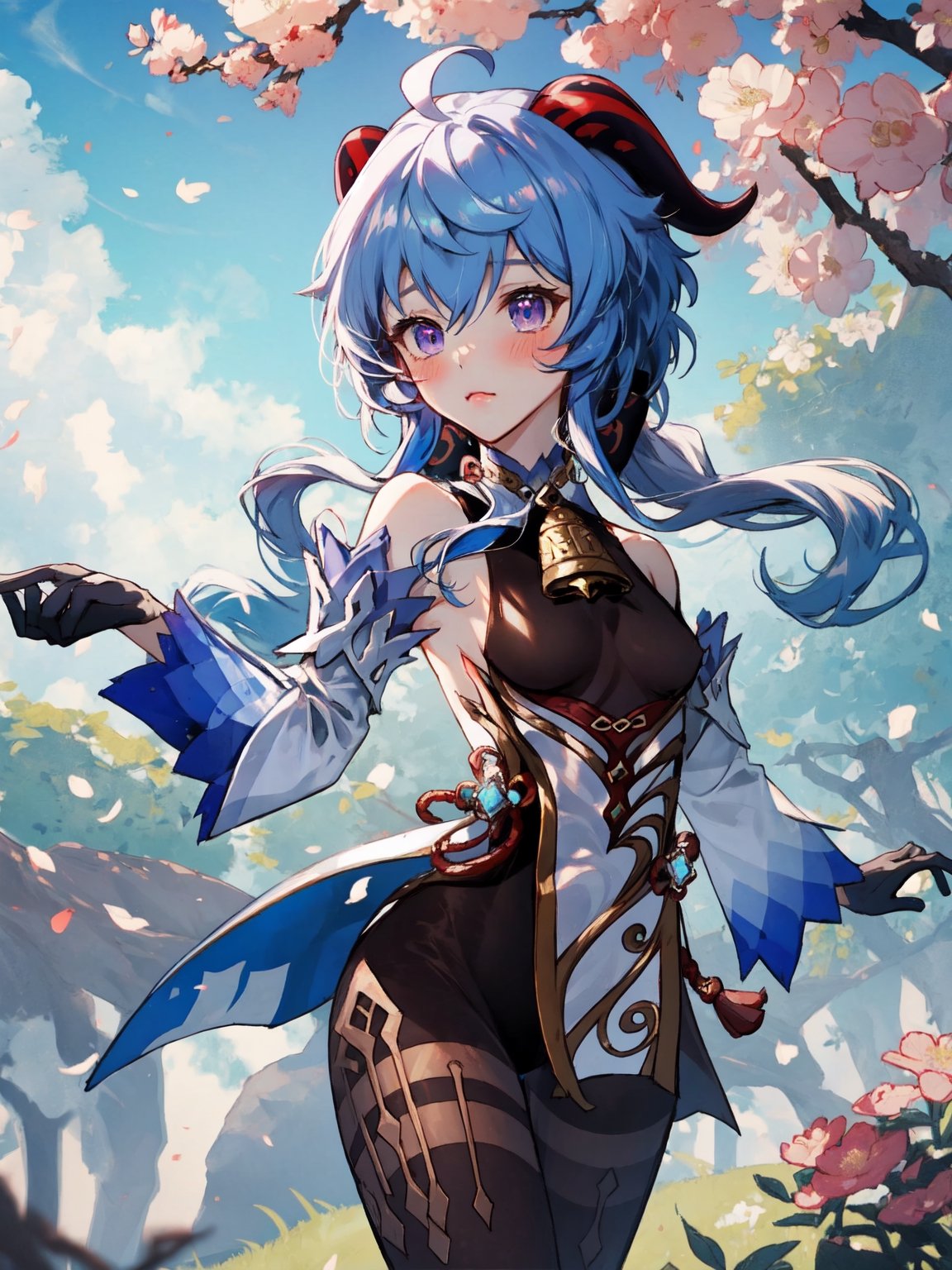 ganyu \(genshin impact\), chibi, pvc, render, 1girl, ahoge, bangs, bare shoulders, bell, black gloves, black pantyhose, ((blue hair)), blush, breasts, chinese knot, detached sleeves, flower knot, gloves, horns, long hair, looking at viewer, small breasts, neck bell, outdoors, pantyhose, purple eyes, sidelocks, solo, tassel, white sleeves, ((masterpiece)),chibi