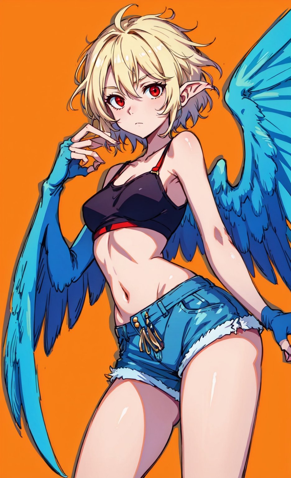 masterpiece, best quality, harpy, standing, cowboy shot, shor shorts, crop top, sphagetti straps, short white hair, red eyes, spread wings