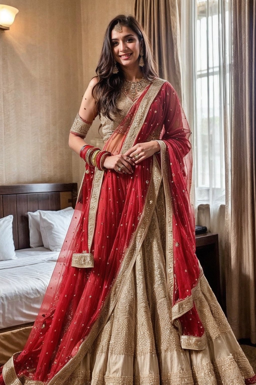 Lovely cute young attractive teenage girl, city girl, 18 years old, cute, an Instagram model, long black_hair, colorful hair one side, shy smile, black red salwar kameez, in hotel rooms with boyfriend ,indian_bride