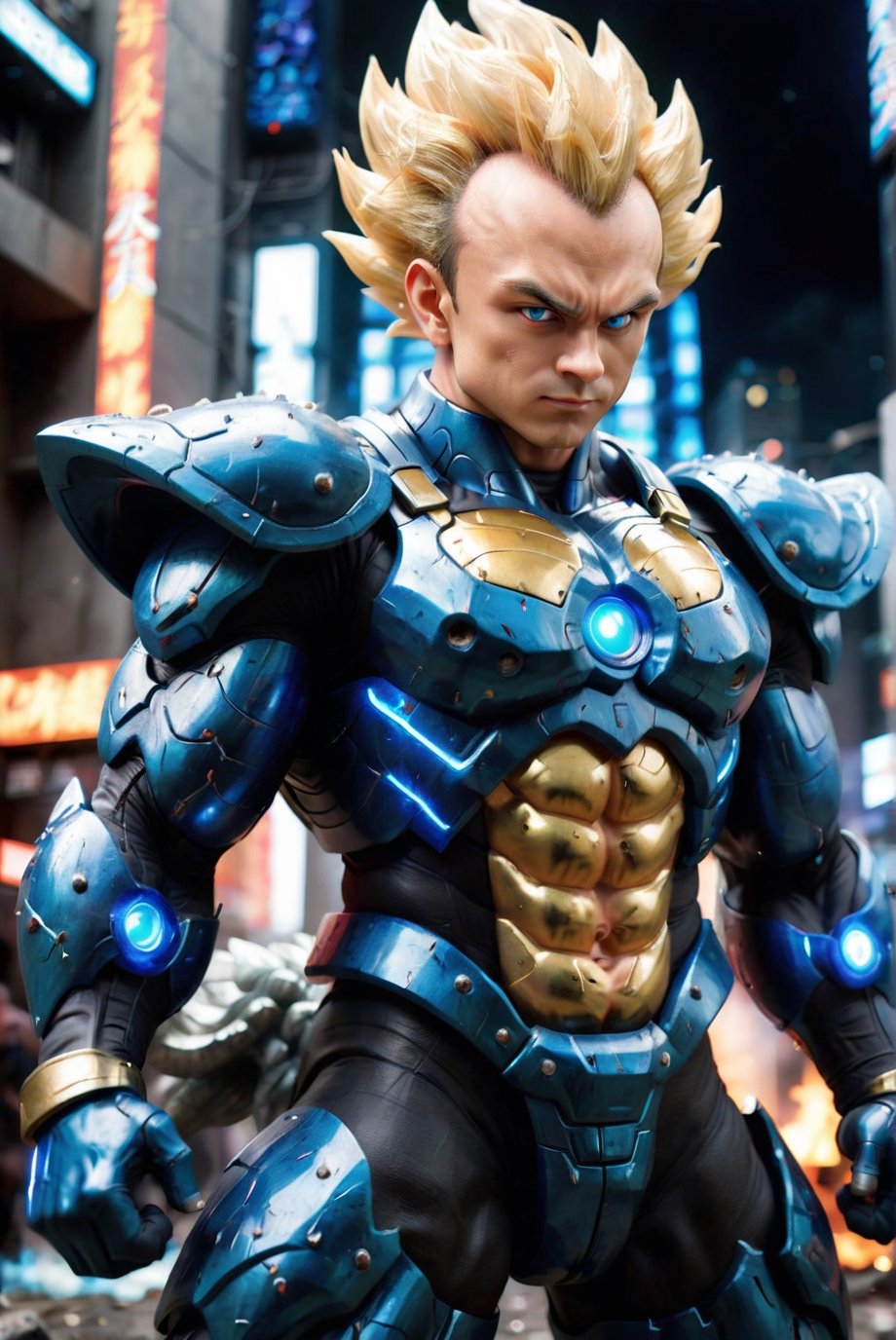 Super detailed live-action Dragon Ball vegeta, strong exaggerated body, surrounded by blue energy, wearing armor, cyberpunk city, movie environment. kamehame pose