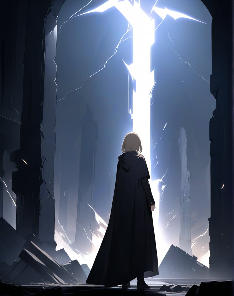 (masterpiece, top quality), high definition, artistic composition, 1 woman, wizard's robe, standing tall, (right arm held out in front, reaching), expressionless, golden eyes, looking down, dark background, large lightning, wide sky, ruins, fantasy, striking light