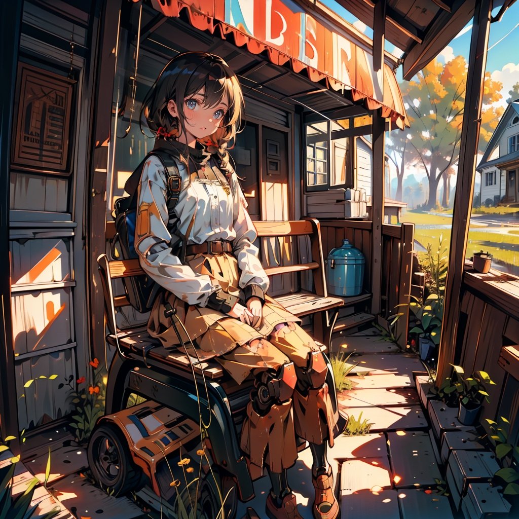 Masterpiece, top quality, high definition, artistic composition, 1 girl, country girl, small house on prairie, western home, front porch, sitting girl, rusted, battered and decayed humanoid robot, retro-future



