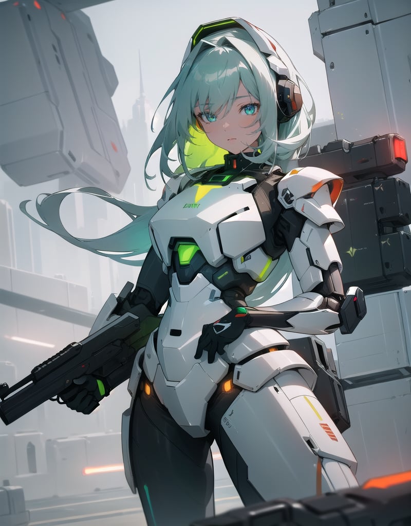 (masterpiece, top quality), high definition, artistic composition, 1 girl, anime, android-like battle suit, white and red armor, green luminescence on body, holding futuristic heavy weapons with both hands, futuristic, science fiction, standing, sideways turning sideways, spaceship dog, holographic monitor