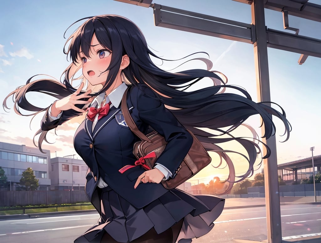 Keywords : masterpiece, best quality, 1 girl, sad, running hard, open mouth, blazer, school uniform, school uniform, school bag, pantyhose, japan, evening, school route, from side, school route, cowboy shot, high definition, rushing, dramatic light, beautiful scenery, looking away,breakdomain,masterpiece