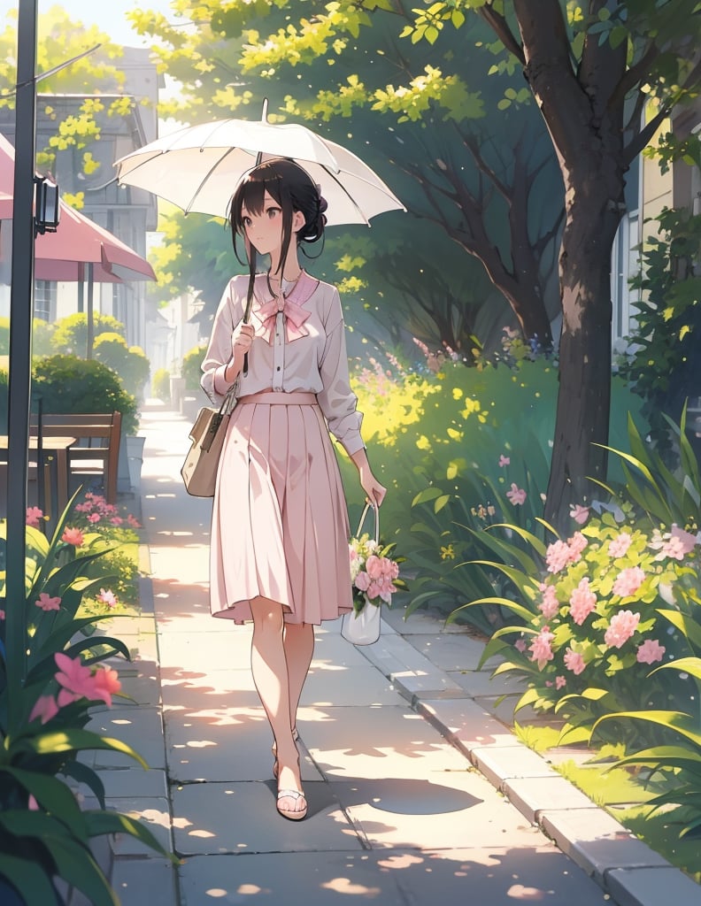 (masterpiece, top quality), high definition, artistic composition, 1 woman, light pink shirt, beige skirt, holding a small parasol, classy, elegant, mature, calm, walking, residential area, strong sunlight, portrait, black hair tied back, summer, early afternoon