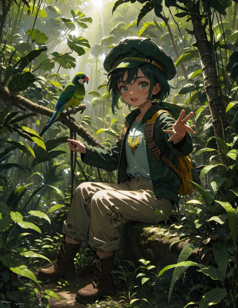 Masterpiece, Top Quality, High Definition, Artistic Composition, One girl, explorer, sitting, green exploration outfit, beige pants, blue cap, jungle boots, smiling, reaching out, composition from front, large backpack in place, dark jungle, green, parrot and parakeet flying, paradise, Sunlight through trees, high contrast,