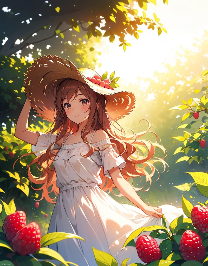 Masterpiece, Top quality, High definition, Artistic composition, 1 girl, raspberry field, picking raspberries, looking away, straw hat, white dress, morning dew shining, beautiful light, striking light, bold composition, smiling, chestnut hair, wavy hair, composition from below