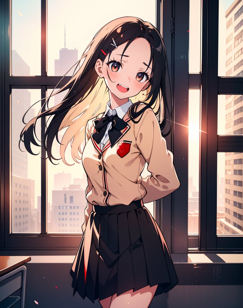 (masterpiece, top quality), high definition, artistic composition, 1 girl, high school student, beige blazer, black ribbon, red and black checked skirt, standing in front of window with hands behind her back, classroom, laughing, troubled, blushing, broad forehead, hairpin, something hidden behind body, portrait