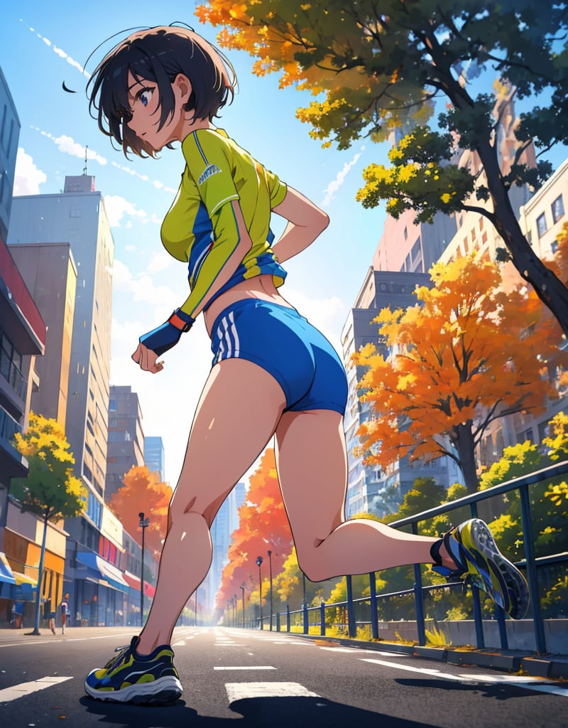 (masterpiece, top quality), high definition, artistic composition, 1 woman, marathon uniform, running shoes, running marathon, running, short hair, looking away, tree-lined street, fall, from below, emphasis on feet, bold composition, sense of speed, Dutch angle, motion blur, lively, perspective