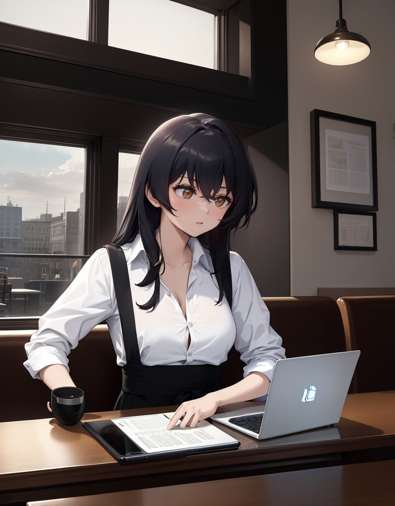 (masterpiece, top quality), high definition, artistic composition, one girl, coffee shop, drinking coffee in a cup at a table, looking away, operating a laptop, at work, concentrating, cutter shirt,