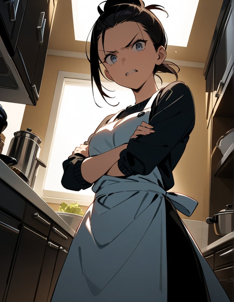 (masterpiece, top quality), high definition, artistic composition, 1 female, dark hair, long hair, from below, arms crossed, scary face staring, backlit, apron, kitchen, hair tied back, Dutch angle, striking light, Angry, Wife.