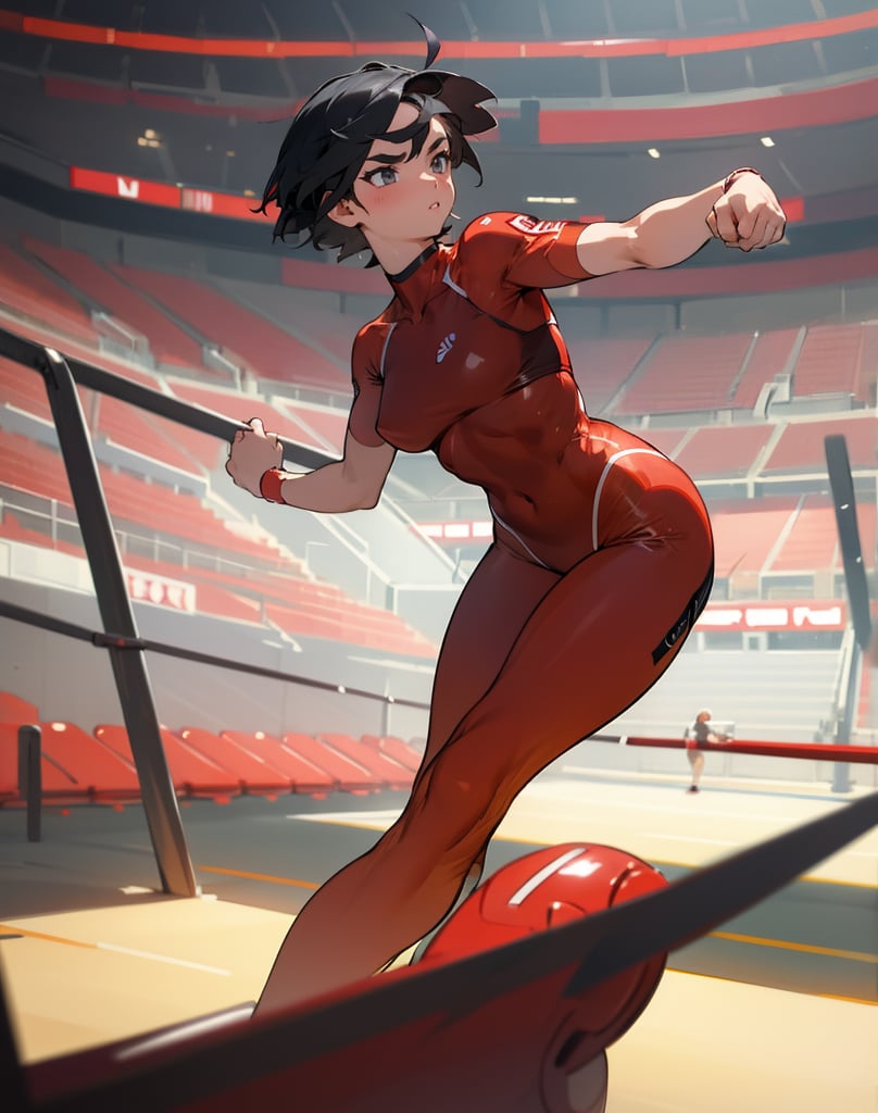Masterpiece, Top Quality, High Definition, Artistic Composition,1 girl, short hair, red wrestling costume, in fighting pose, thick eyebrows, serious face, stadium, front view, powerful, hunched over,girl