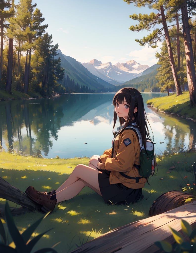Masterpiece, Top Quality, High Definition, Artistic Composition, Several Girls, Girl Scouts, Camping, Lake, Smiling, Looking Away, Talking, Holding Firewood,girl