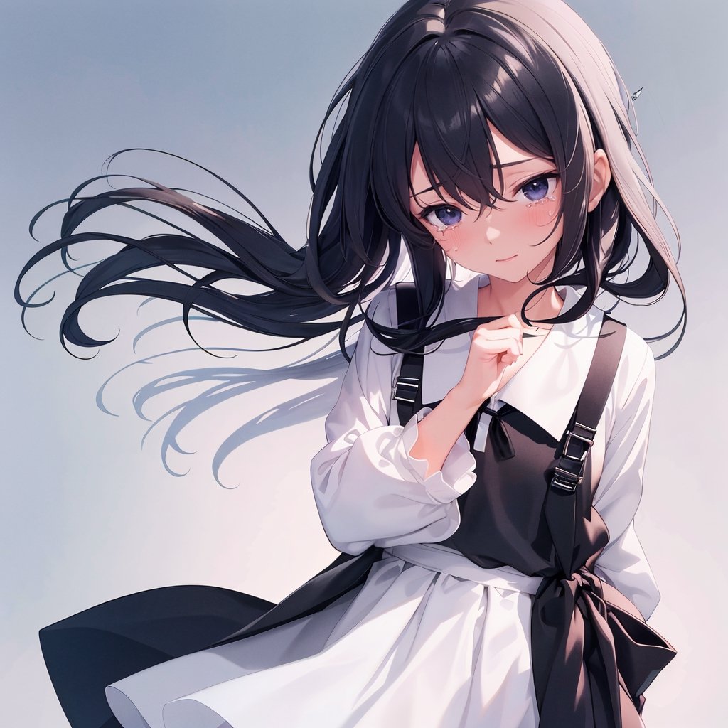 Masterpiece, Top Quality, One Woman, Shrugging, Flat chest, Happy, Blushing, Fidgeting, Hands crossed in front of body, Looking down, Black hair, Busy hair, White sailor suit, Summer dress, School uniform, Top composition, Face close-up, High definition, Japan, Schoolbag, Head being patted, Black pantyhose, Tears in eyes