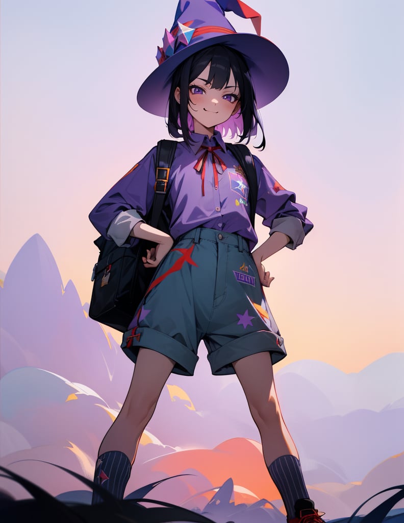 Masterpiece, Top Quality, High Definition, Artistic Composition,1 girl, wizard hat, smug face, printed shirt, standing tall, shorts, striped two-socks, sneakers, standing with legs spread, right hand on hip, left hand making peace sign, Schoolbag, meeting, purple sky, eerie background, from front, fantasy, black hair, red ribbon