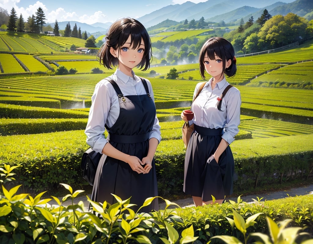 Masterpiece, top quality, high definition, artistic composition, several women, Japan, Shizuoka Prefecture, tea plantation, picking tea, work clothes, smiling, talking, looking away, wide shot