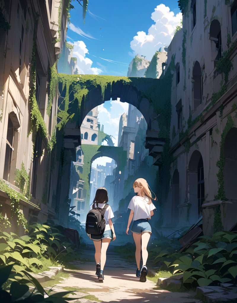 (masterpiece, top quality), high definition, artistic composition, 2 girls, walking, strolling, t-shirt, shorts, trekking shoes, backpack, smiling, looking away, talking, smiling, ruins, building area, crumbling and decaying structure, lots of plants, ivy covered, Blue sky, bold composition, looking back