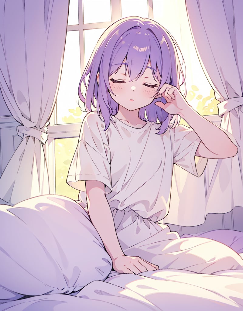 Masterpiece, Top Quality, High Definition, Artistic Composition, One Girl, Cream Yellow Cotton Shirt, On Bed, Getting Up, Eyes Closed, Absent, Girlish Gesture, Backlight, Bedroom, Morning, Pale Purple Curtains, Striking Light, Sleeping, Sleepy, Portrait, Low Contrast, Pastel Tone