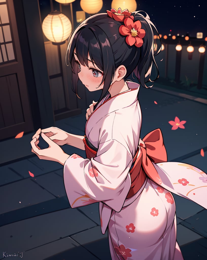 (Masterpiece, Top Quality), High Definition, Artistic Composition, 1 Woman, Embarrassed, Girlish Gesture, From Above, From Side, Looking Away, Blushing, Inverted Ponytail, Yukata, Walking, Night, Festival, Dark, Talking, Head Up, Kanzashi, Black Hair