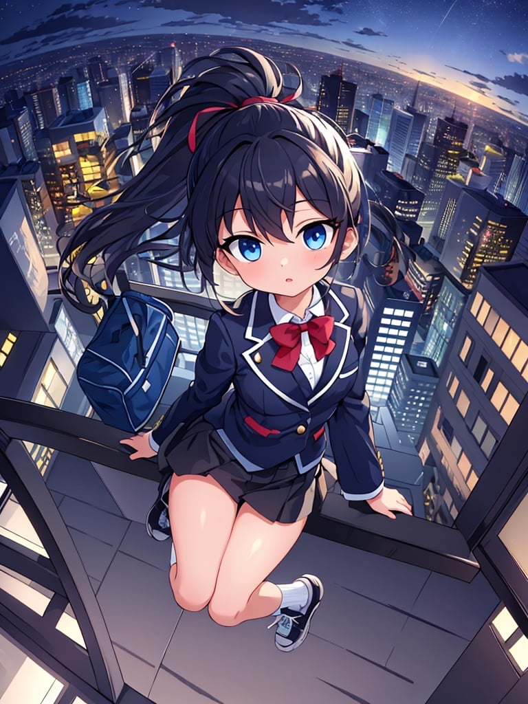 Masterpiece, top quality, 1 girl, jumping, beautiful background, cityscape, building rooftop, blazer, uniform, school uniform, legs bent, ponytail, sports bag, fish-eye lens, high definition, artistic composition, night scene, perspective