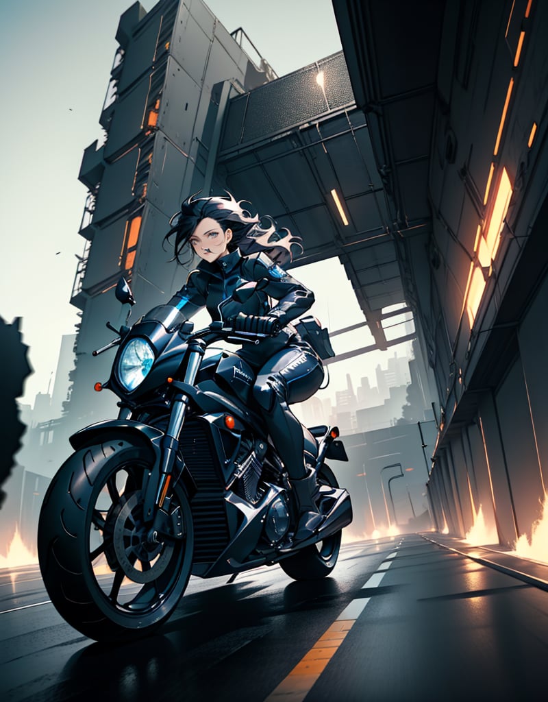 (masterpiece, top quality), high definition, artistic composition, 1 woman, black hair, smiling, driving a large motorcycle, black and blue rider suit, black and orange motorcycle, futuristic, front view, dynamic, Fast, Ruined City, Crumbling Buildings, Bold Composition, Dutch Angle, Science Fiction, Motion Blur, Perspective