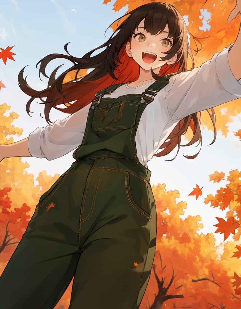 (masterpiece, top quality), high definition, artistic composition, 1 woman, long hair, hands outstretched, white shirt, khaki overalls, frolicking, open mouth smile, spinning, from below, cowboy shot, Dutch angle, autumn sky, country fashion, vibrant, bold composition, looking away