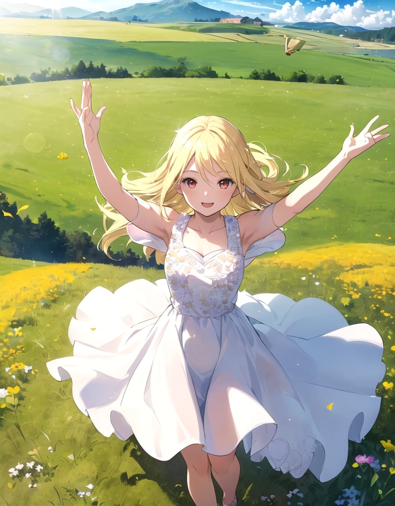 (masterpiece, top quality), high definition, artistic composition, 1 girl, flying pose, cheerful, meadow, composition from above, smiling, blonde hair, sparkling, white dress, healthy, impressive light, wind blowing, red eyes, divine,(masterpiece),scenery