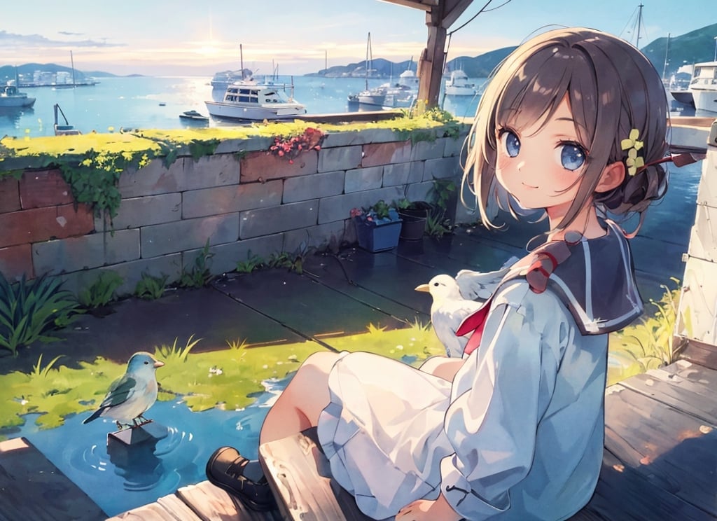 Masterpiece, best quality, 1 girl, 13 years old, girl, smiling, plain clothes, country girl, sitting on high roof, harbor countryside, high definition, artistic composition, retro, beautiful light, wide angle, little bird perched on shoulder, composition from behind, staring into distance, backlight