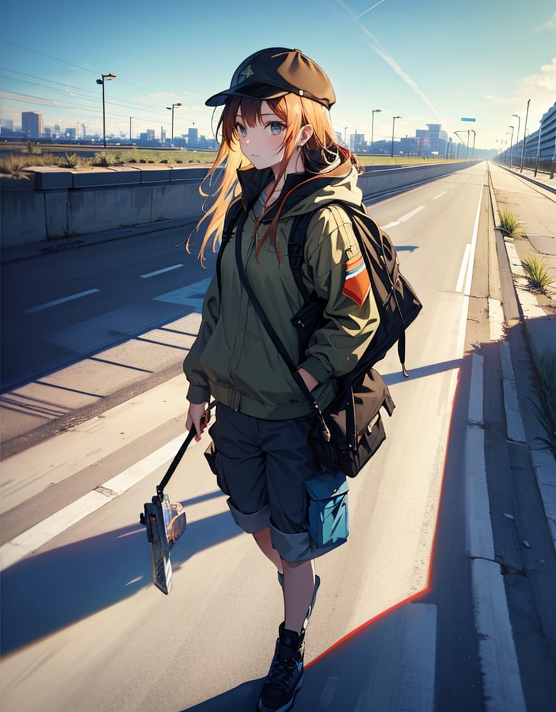 (masterpiece, top quality), high definition, artistic composition, 1 woman, Florida, straight freeway, walking, shimmer, hot, blue sky, perspective, backpacker, khaki cap, wasteland