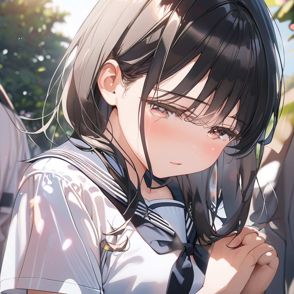 Masterpiece, Top Quality, One Woman, Cinematic Lighting, Flat Chest, Tired Look, Blushing, Fidgeting, Hands Crossed in Front of Body, Looking Down, Black Hair, Shiny Hair, Pure White Sailor Suit, Summer School Uniform, School Uniform, Top Composition, Close-up of Face, High Definition, Japan, School Walk, Head Stroking, Black Pantyhose