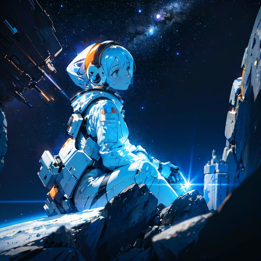 (masterpiece, top quality), high definition, artistic composition, 1 woman, white space suit, aboard a humanoid commuter with arms and legs, floating in space, from side, piloting, asteroid, many small rocks floating, from side, looking away, striking light, dark space, near future,