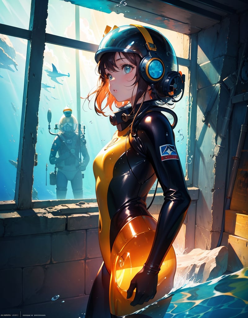 (masterpiece, top quality), high definition, artistic composition, 1 girl, retro diving suit, large glass helmet, underwater, exploring, beautiful seascape, striking light